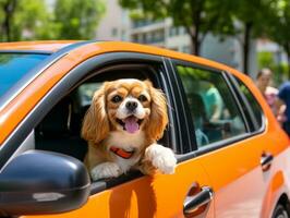 glücklich Hund Reiten im ein Auto mit es ist Kopf aus das Fenster ai generativ foto