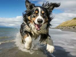 glücklich Hund spielen auf das Strand ai generativ foto