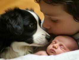 liebend Hund kuscheln ein Neugeborene Baby im ein Krippe ai generativ foto