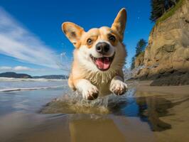 glücklich Hund spielen auf das Strand ai generativ foto