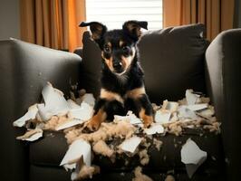 Hund mit ein boshaft Ausdruck umgeben durch zerrissen Kissen ai generativ foto