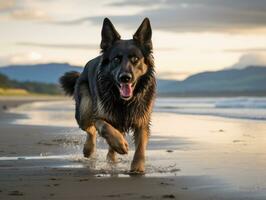 glücklich Hund spielen auf das Strand ai generativ foto