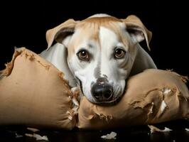 Hund mit ein boshaft Ausdruck umgeben durch zerrissen Kissen ai generativ foto