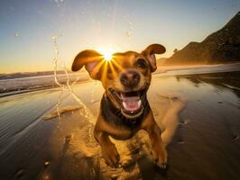 glücklich Hund spielen auf das Strand ai generativ foto