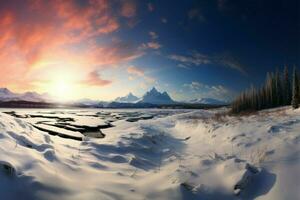 im das Hintergrund, majestätisch Berge Webstuhl Über Schnee bedeckt Landschaften ai generiert foto