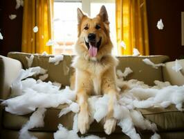 Hund mit ein boshaft Ausdruck umgeben durch zerrissen Kissen ai generativ foto