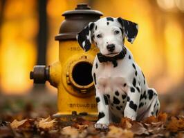 süß Hündchen Sitzung durch ein Feuer Hydrant ai generativ foto