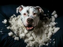 Hund mit ein boshaft Ausdruck umgeben durch zerrissen Kissen ai generativ foto