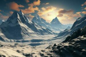 Naturen schneebedeckt Meisterstück ein hoch aufragend Berg Gipfel, ein Panorama- Freude ai generiert foto