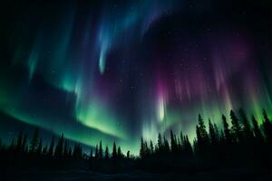 Nord Beleuchtung Hintergrund, ein Paare fesselnd himmlisch Rendezvous ai generiert foto