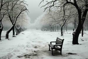 Januar Verwüstung Bäume im ein eindringlich, Schnee bedeckt, schwarz und Weiß Landschaft ai generiert foto