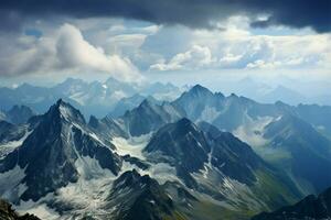 hoch Höhe Landschaften, wo Berge Befehl Erden atemberaubend, robust Größe ai generiert foto