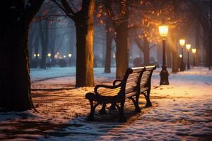 Stadt Parks hölzern Bank, geschmückt mit Winter Beleuchtung, Abend Ruhe ai generiert foto