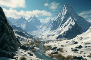 hoch Berg Gipfel, gekrönt mit Schnee, ein Panorama- Wunder von Natur ai generiert foto