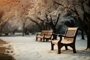 ein hölzern Stuhl im ein verschwommen, heiter Winter Garten Hintergrund ai generiert foto