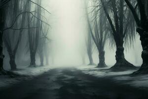 ein winterlich Reise durch ein Wald von dunkel Baum Silhouetten ai generiert foto
