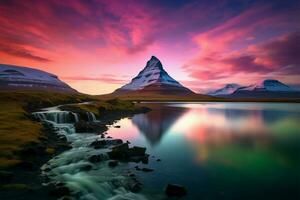 Aurora Borealis leuchtet das Himmel Über kirkjufell Berg, Islands Wunder ai generiert foto