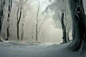 Buchenholz transformiert in ein ätherisch Wunderland im das Winter Nebel ai generiert foto