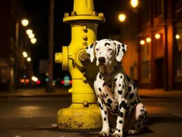 süß Hündchen Sitzung durch ein Feuer Hydrant ai generativ foto