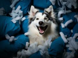 Hund mit ein boshaft Ausdruck umgeben durch zerrissen Kissen ai generativ foto