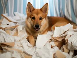 Hund mit ein boshaft Ausdruck umgeben durch zerrissen Kissen ai generativ foto