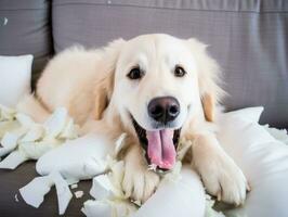 Hund mit ein boshaft Ausdruck umgeben durch zerrissen Kissen ai generativ foto