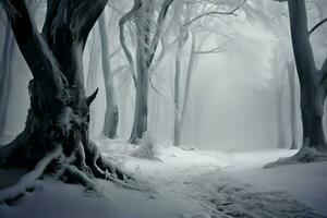 Buche Wald unter ein dick Schleier von Winter Nebel sieht aus zauberhaft ai generiert foto