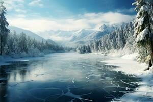 ein europäisch Karpaten Meisterstück Kiefern, schneebedeckt Hügel, und ein Blau, geknackt gefroren See unter fallen Schnee ai generiert foto