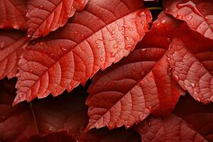 ein beschwingt schließen oben rot Herbst Blatt, hervorrufen Nordwest Schule Farben ai generiert foto