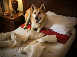 Hund mit ein boshaft Ausdruck umgeben durch zerrissen Kissen ai generativ foto