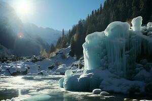 ein malerisch Winter Szene entfaltet sich, präsentieren Naturen heiter Schönheit ai generiert foto