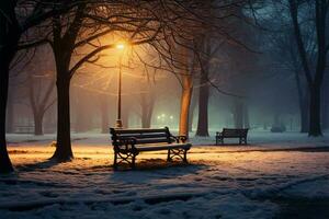 Winter Einbruch der Dunkelheit, Stadt Parks hölzern Bank, zündete durch sanft Beleuchtung ai generiert foto