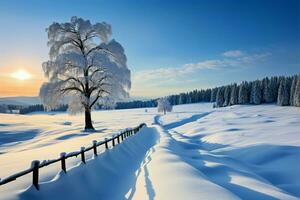 ein malerisch Winter Aussicht mit Schnee drapiert Bäume, heiter und zauberhaft ai generiert foto