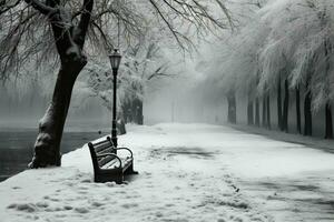 Winter Melancholie, Bäume Stand im feierlich schwarz und Weiß Stille ai generiert foto