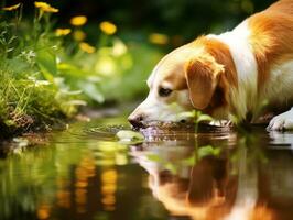 Hund und es ist Betrachtung im ein Ruhe Teich ai generativ foto