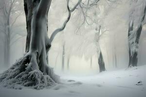 Winter Nebel webt ein ätherisch Tapisserie durch das still Buchenholz ai generiert foto