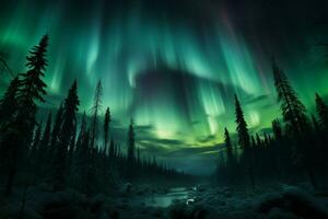 Nord Beleuchtung Farbe das Wald im Grün, ein ätherisch Schauspiel ai generiert foto