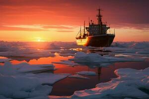 ein großartig Arktis Sonnenuntergang, geziert durch ein eisbrechend Schiffe Gegenwart ai generiert foto