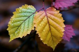 ein Paar von lebendig Herbst Blätter geschmückt mit beschwingt saisonal Farben ai generiert foto