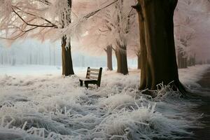 ein still Winter Szene entfaltet sich im das eisig Umarmung von Buchenholz ai generiert foto