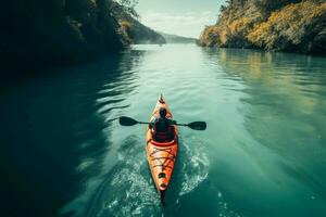 Fluss Kajak fahren Abenteuer, navigieren das Wasser still noch aufregend Wendungen ai generiert foto