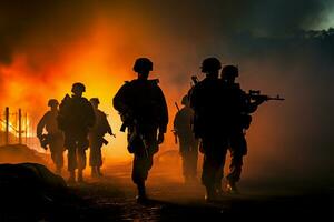 silhouettiert Heer Soldaten im das Nebel beim Sonnenuntergang, beschäftigt, verlobt mit Gewehre, Maschine Waffen, und Feuer ai generiert foto