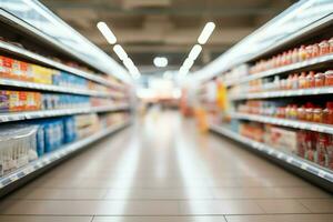 Innere von ein Supermarkt Geschäft Gang mit ein abstrakt verschwommen Hintergrund ai generiert foto