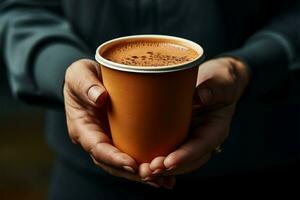 Personen Hand Wiegen ein Kaffee Tasse oben schließen ai generiert foto