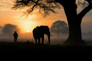 silhouettiert Mahout Fahrten ein Elefant unter ein Baum beim Sonnenaufgang ai generiert foto