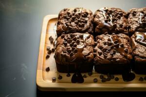 üppig Schokolade Chip gekrönt dunkel Schokolade Brownies zum ultimativ Befriedigung ai generiert foto