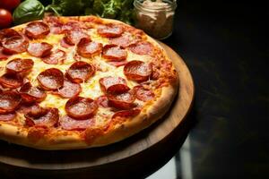 Italienisch Stil Peperoni Pizza, serviert auf ein rustikal hölzern Tablett ai generiert foto