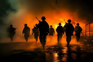 Marinesoldaten im Aktion, silhouettiert im das nebelig Sonnenuntergang, inmitten Schüsse und Rauch ai generiert foto