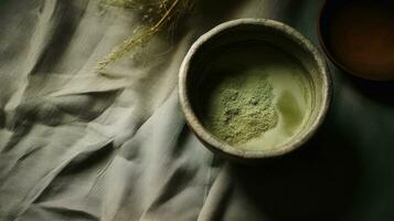 generativ ai, Grün Matcha Tee Pulver und trinken, stumm geschaltet neutral Farben. traditionell japanisch Tee foto