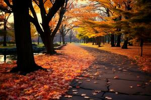 Herbst Magie ein Park Weg, übersät mit lebendig Ahorn Blätter ai generiert foto